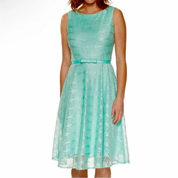 Danny & Nicole Sleeveless Lace Belted Fit & Flare Dress-Petite, Womens, Size 4 Petite, Blue